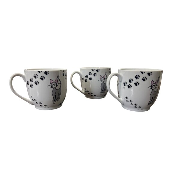 Zrike Everyday "Here Kitty" Mugs Porcelain Paw Print Cat Set Of 3 White Black - Picture 5 of 6
